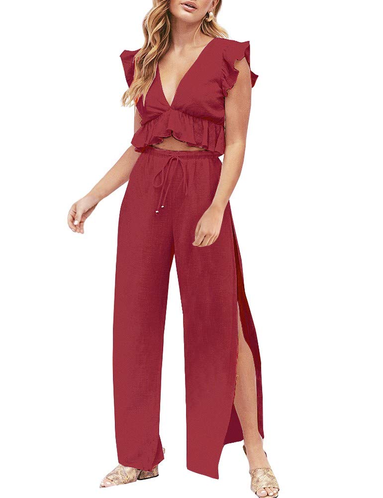 FANCYINN Womens 2 Pieces Outfits Ruffle Deep V Neck Crop Top Side Slit Drawstring Wide Leg Pants Set Jumpsuits Burgundy L - Image 1